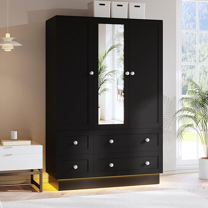 Wardrobe Closet with Mirror, LED Light & 4 Drawers