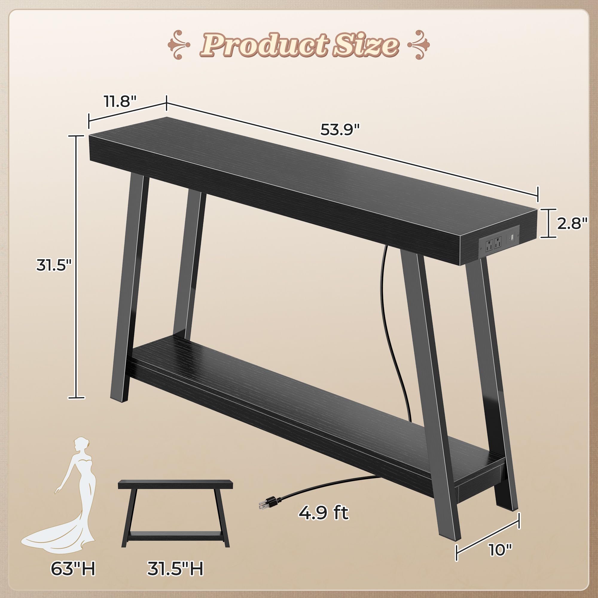 Huuger Console Table with Charging Station, USB-C Port, 2 Tiers Entryway Table, 53.9 Inch Sofa Table with Metal Legs, Entry Hallway Table with Thicker Desktop, Modern Behind Couch Table, Black