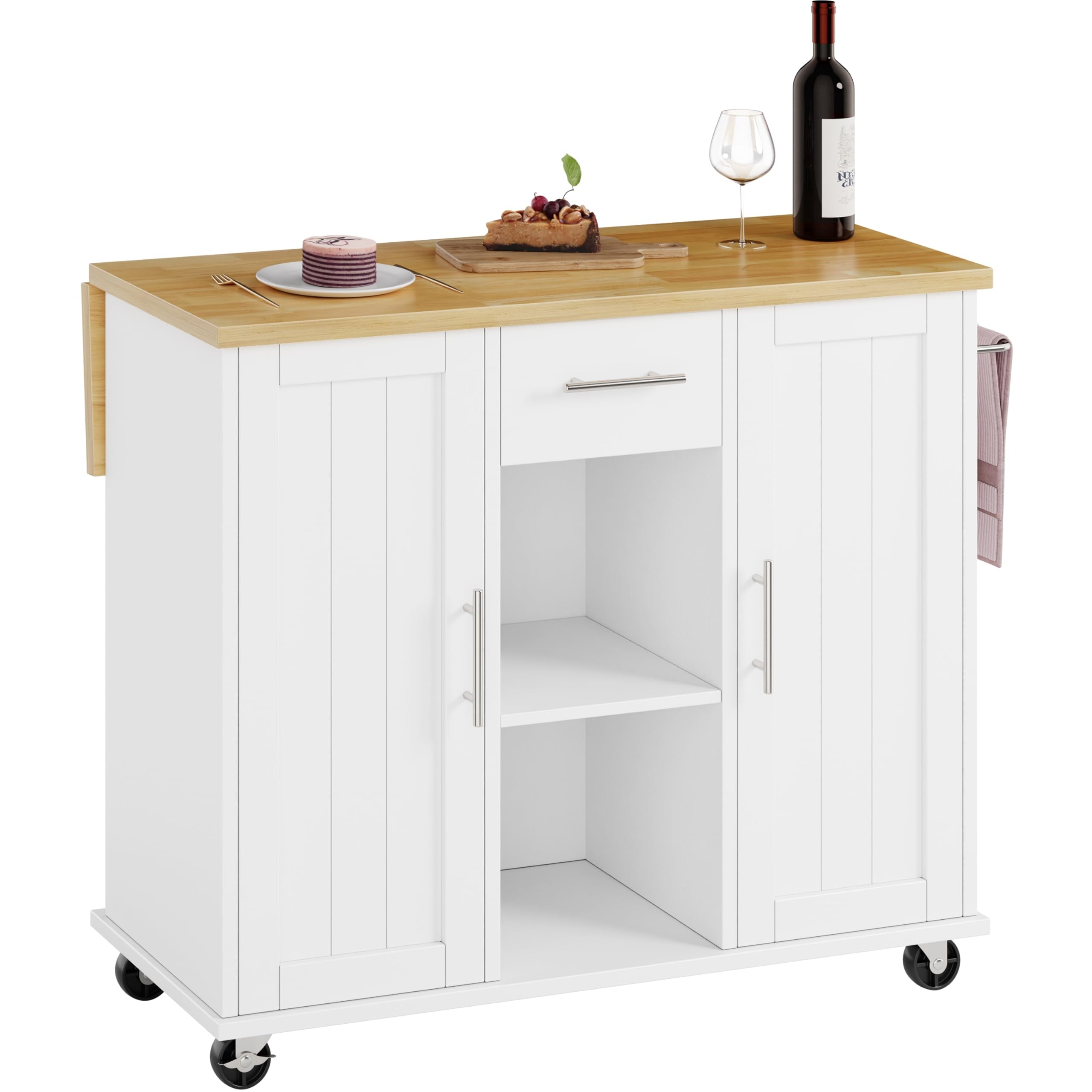 SUNLEI Island Table for Kitchen with Storage, Portable Kitchen Island Cart with Drop Leaf, Rolling Kitchen Island Table with Drawer, Cabinet & Towel Rack, Farmhouse Kitchen Island, White