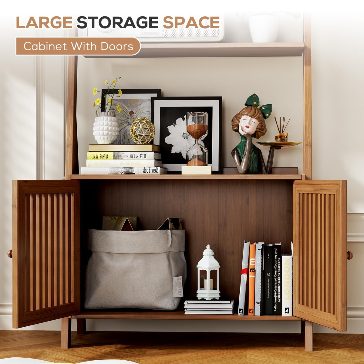 Bookcase with Drawers, Ladder Shelf 4-Tier Bamboo Bookshelf with 6 Hooks