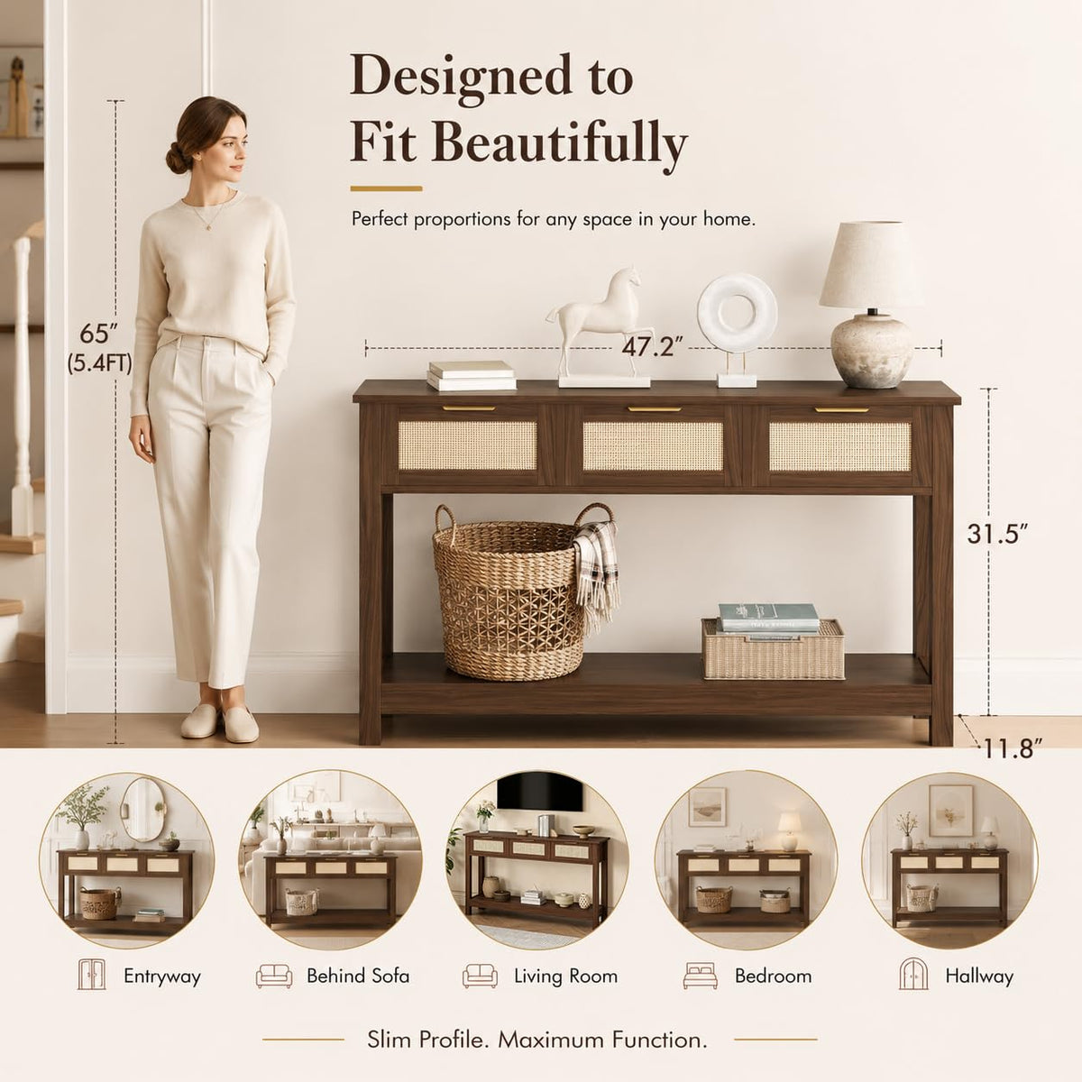 Rattan Console Table with 3 Drawers