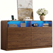 55" Wide Fluted 6-Drawer Dresser with LED Lights & Power Outlet