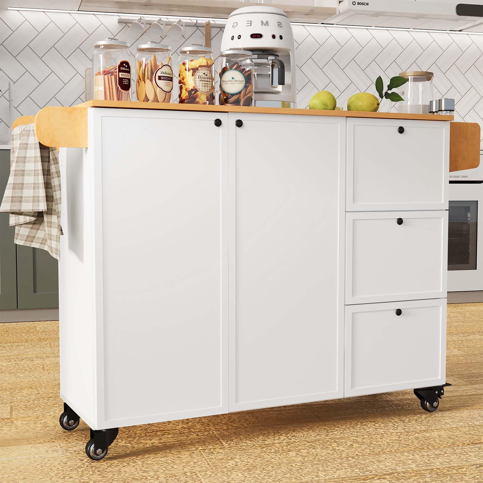 Kitchen Island with Storage, Rolling Kitchen Island on Wheels with Drawers and Doors, Mobile Kitchen Island with Towel Rack and Spice Rack, Wood Top Kitchen Cart with Power Outlet for Kitchen (White)