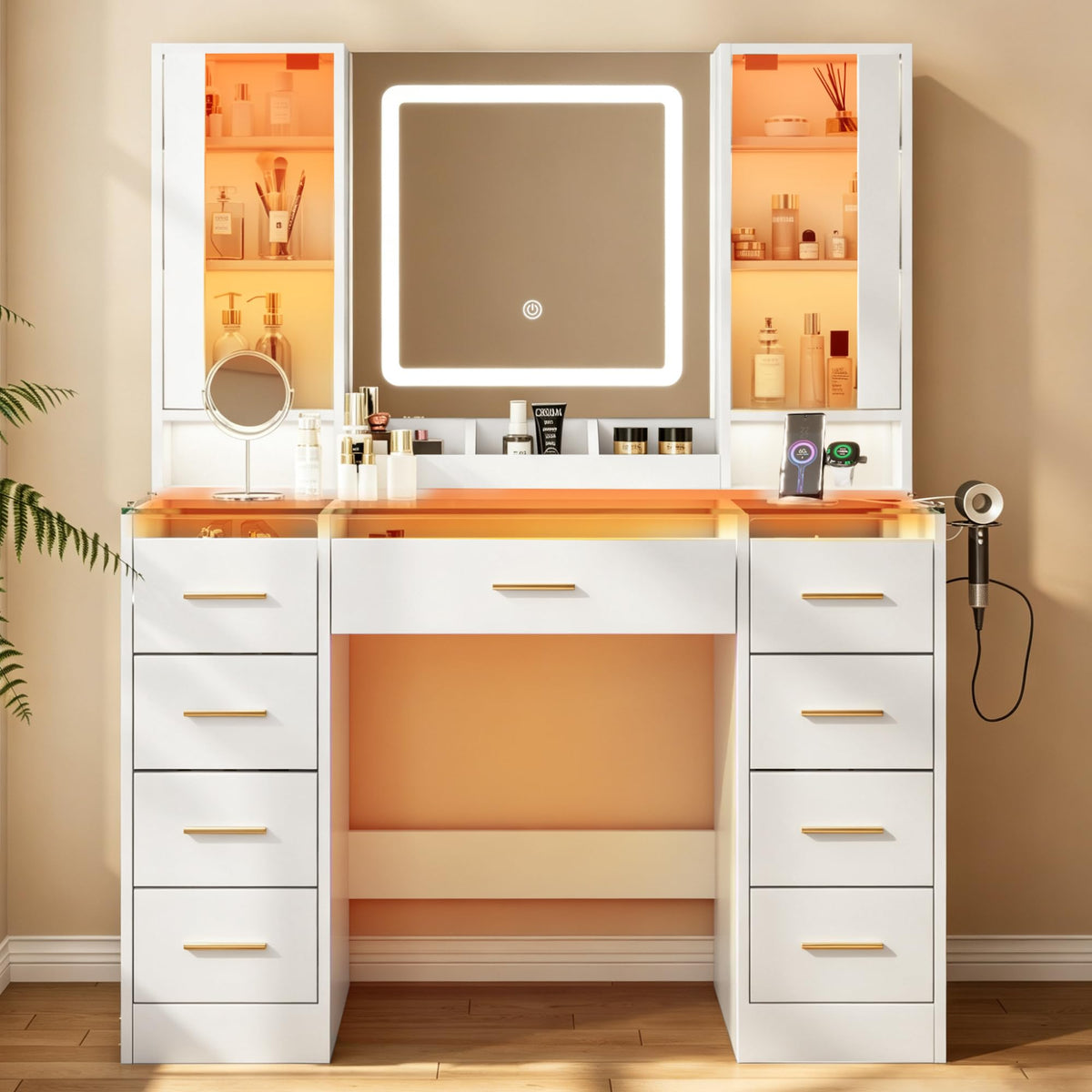 Vanity Desk with Mirror and Lights, 43" Large Makeup Vanity with Glass Top