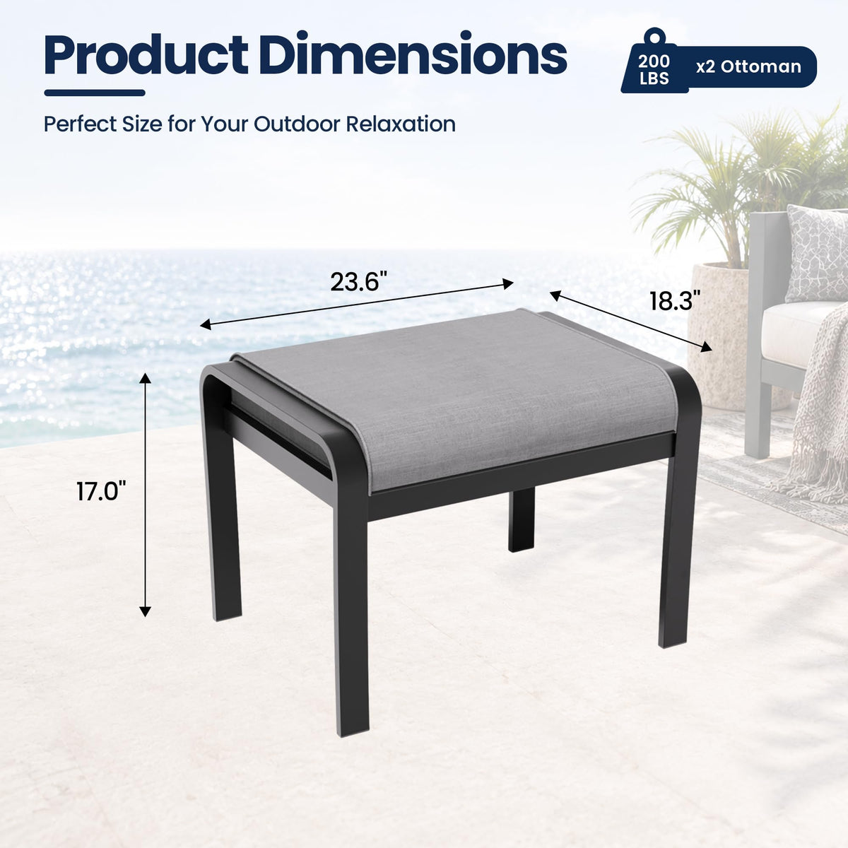ASJMR 2 Pieces Patio Ottomans, Aluminum Outdoor Ottoman with Removable Cushion, Oversized Outdoor Footstools, Additional Seating, Side Table, Multipurpose Outdoor Footrests for Balcony, Garden, Grey