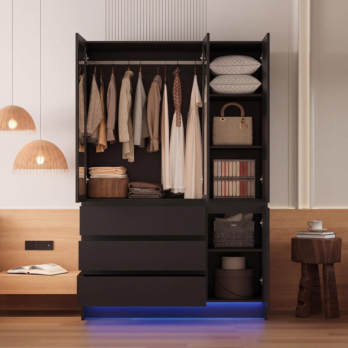 VOWNER Armoire Wardrobe Closet with 4 Doors, Bedroom Armoire with Mirrors