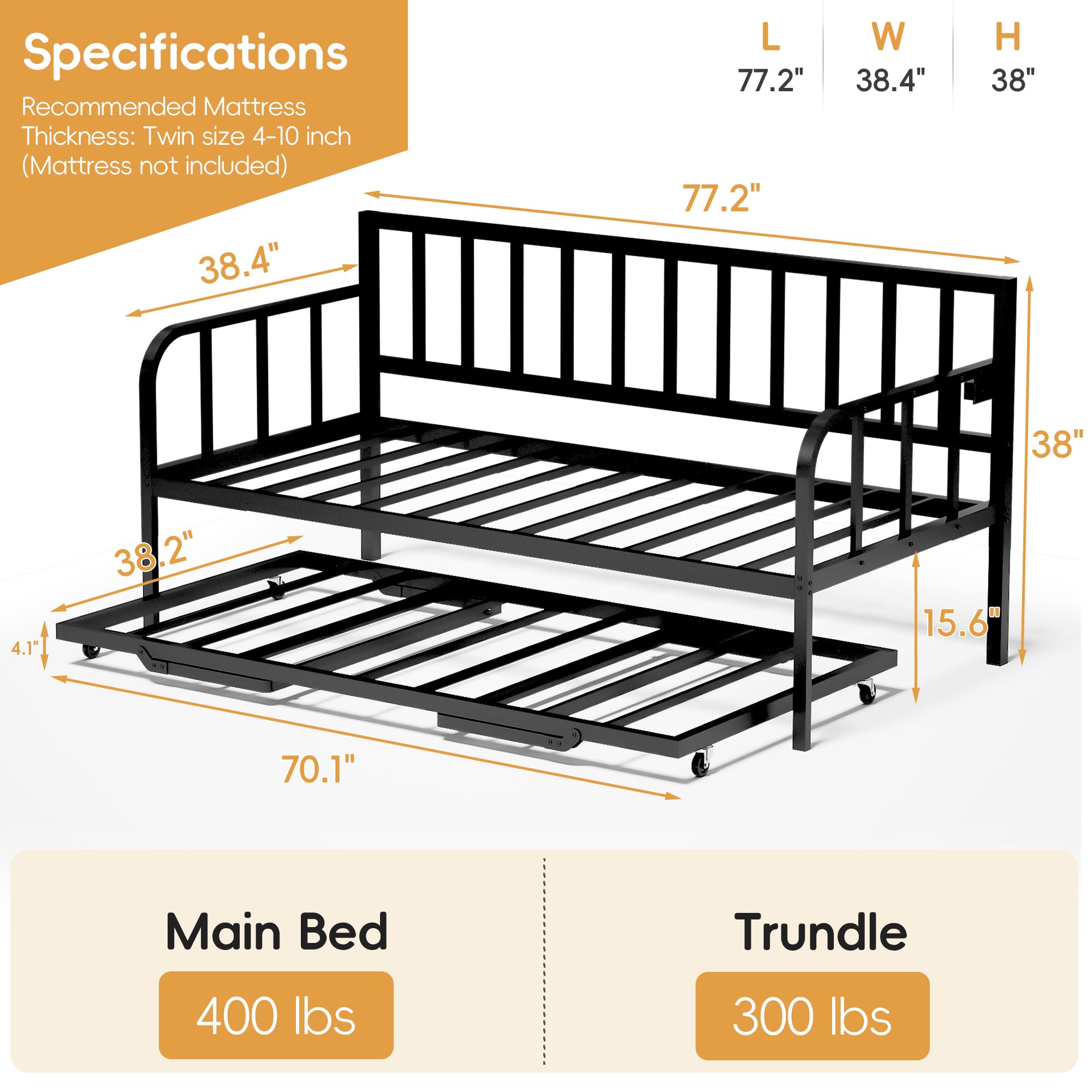Twin Daybed with Pop-Up Trundle & LED Lights
