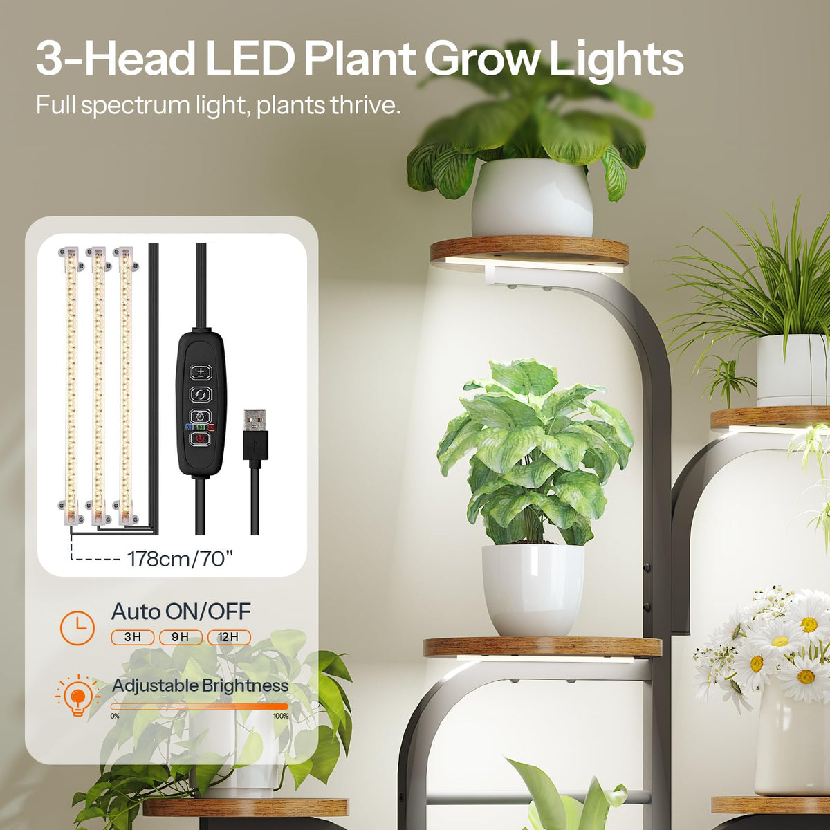 HOOBRO Plant Stand Indoor with Grow Lights, 47.2" Tall Metal Plant Shelf