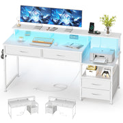 53" Computer Desk with Drawers, LED Lights & Power Outlets