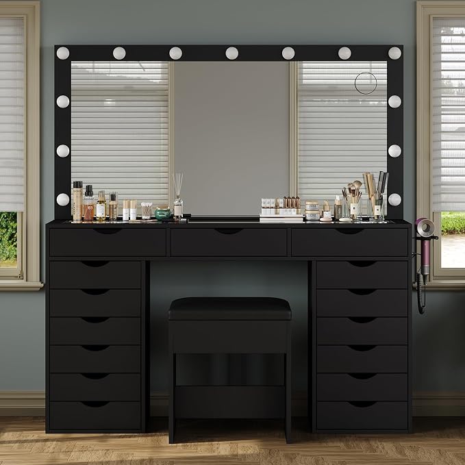 15-Drawer LED Makeup Vanity with Stool