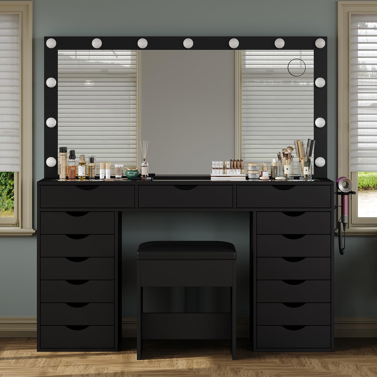 Yanosaku 15 Drawers Vanity Desk with Power Outlet, Makeup Table with Mirror and 13 LED Lights, 3 Color Lighting Modes, Brightness Adjustable, Glass Top Dressing Table, Vanity Set for Bedroom, Black