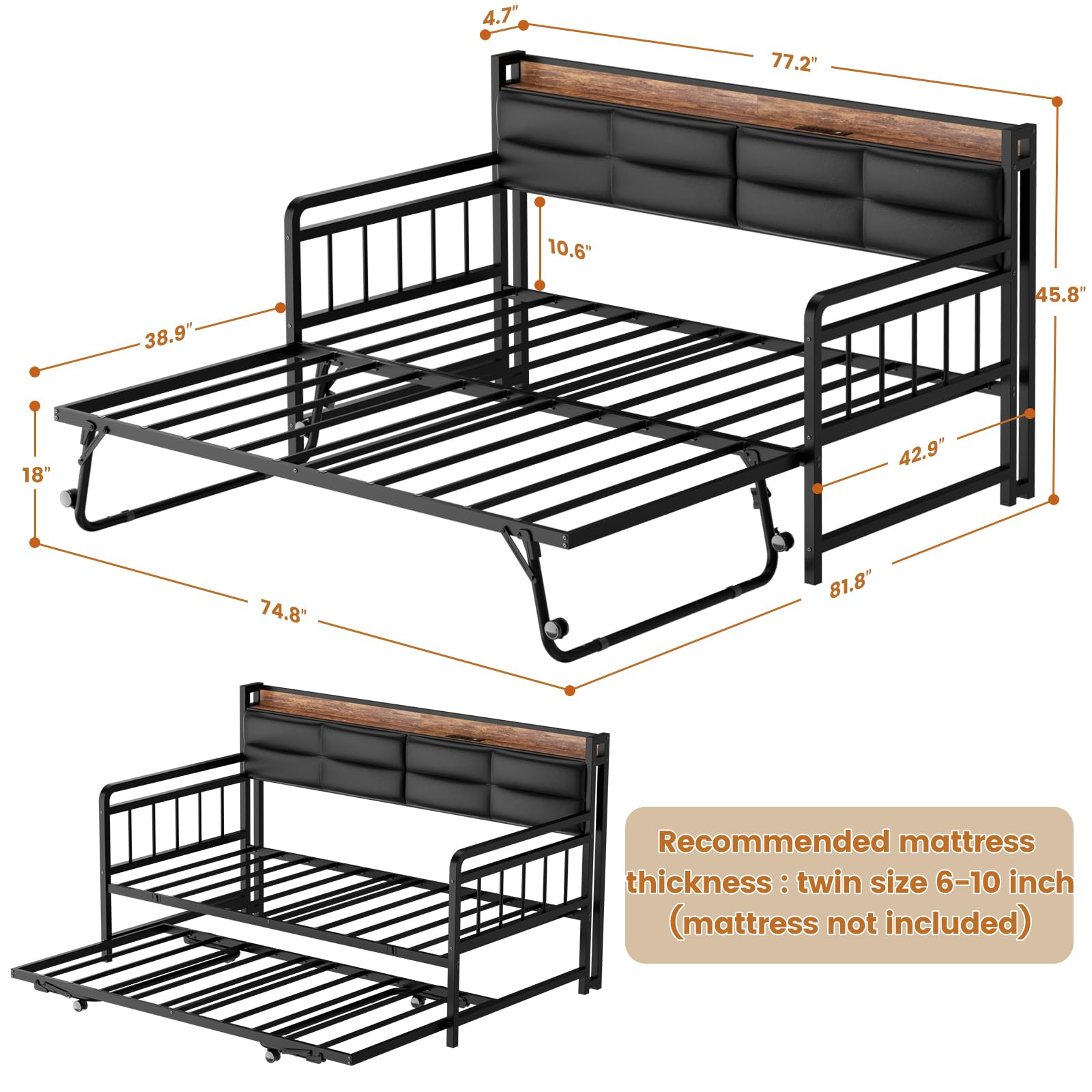 Homieasy Daybed with Trundle, Twin Day Bed with Upholstered Headboard and Charging Station, Metal Twin Sofa Bed Frame Pop-up Trundle Bed for Bedroom and Guest Room, Rustic Brown