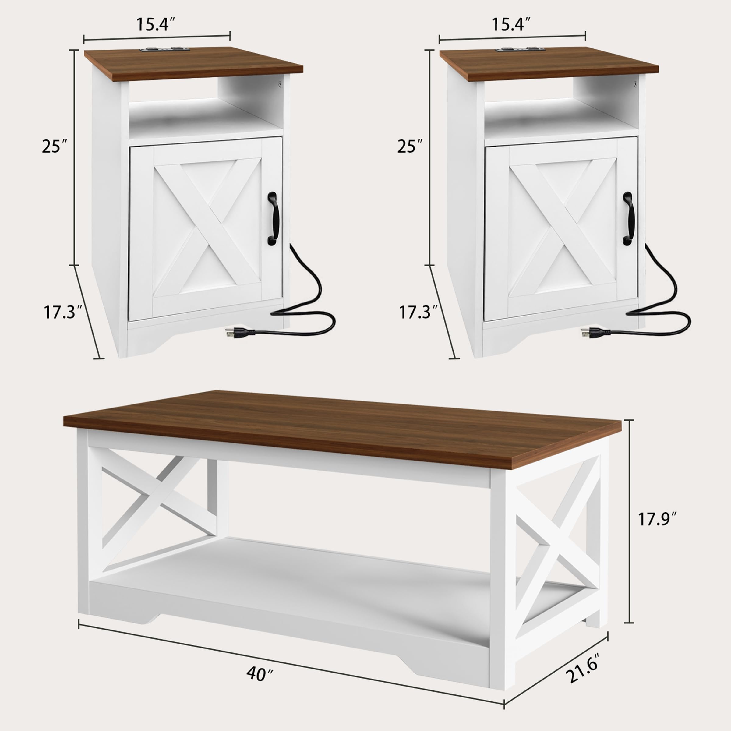 Farmhouse Coffee & End Table Set of 3 with Charging Station