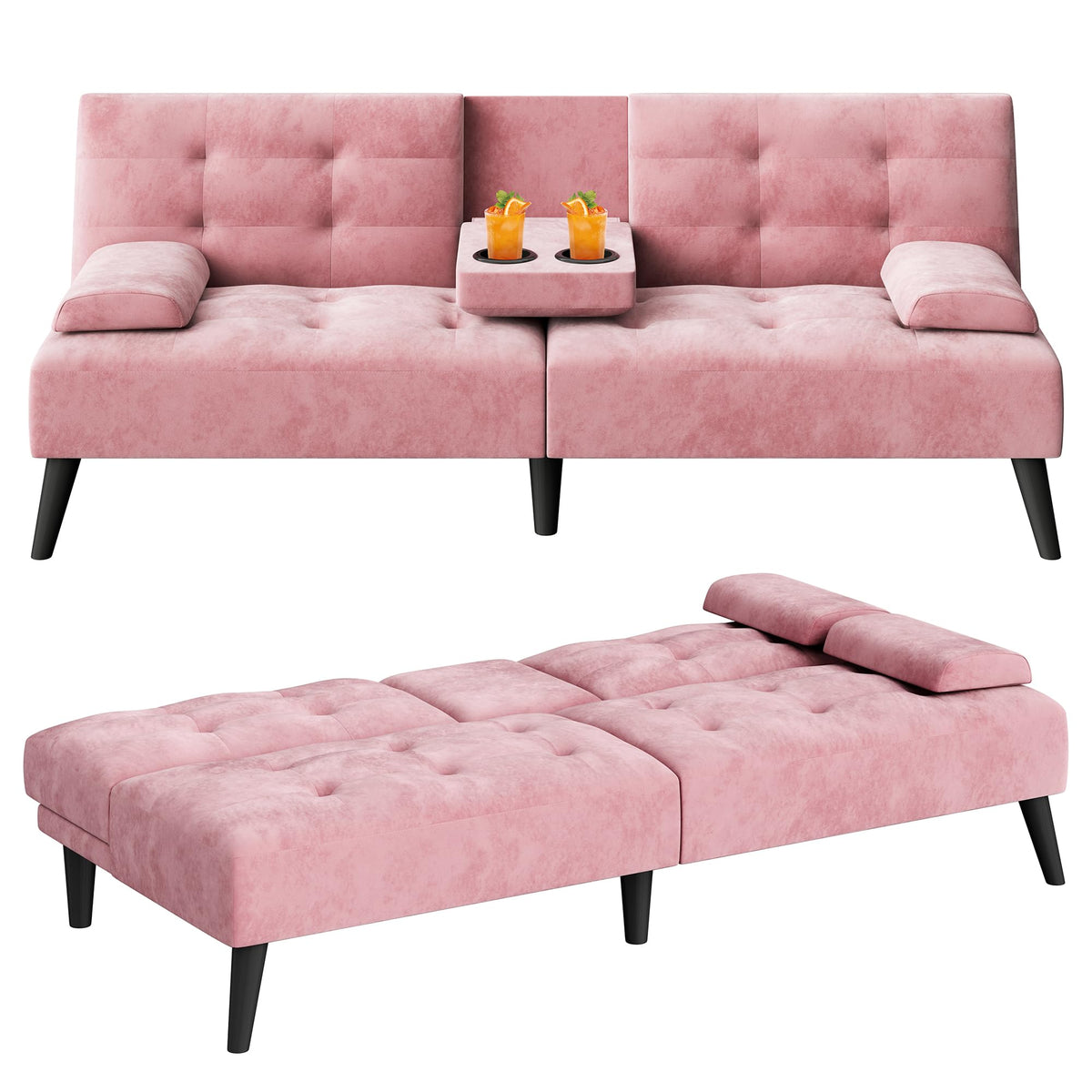 Meilocar Futon Sofa Bed, 64 in Small Couch with Cup Holders, Pink