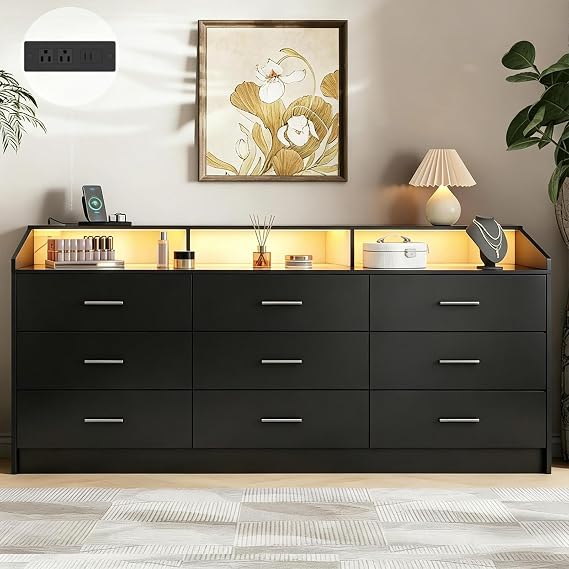 9-Drawer Dresser with Charging Station & LED Light