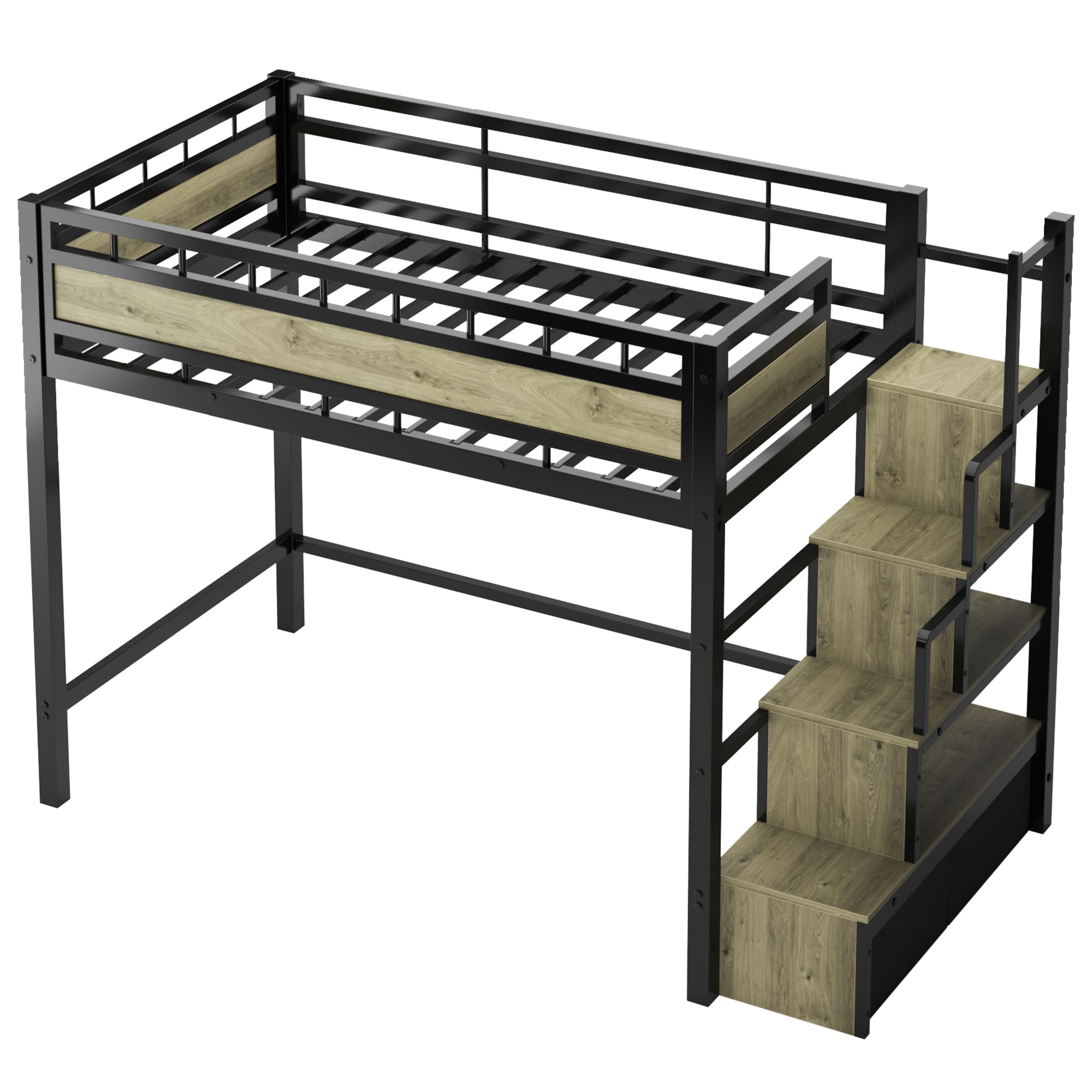 Twin Metal Loft Bed with Stairs & Storage Drawers