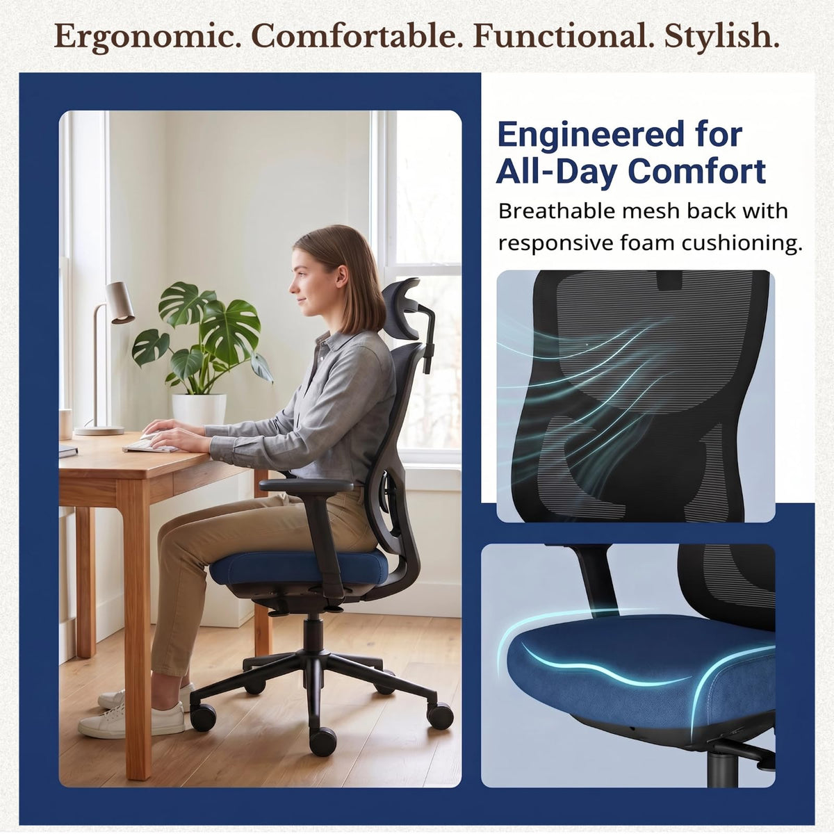 DEXYNORD Ergonomic Office Chair with Breathable Mesh Back & Thick Cushion Seat, 4D Armrests, 3D Headrest, Adjustable Lumbar Support & Seat Depth, High Back Desk Chair with Tilt Lock (Blue)