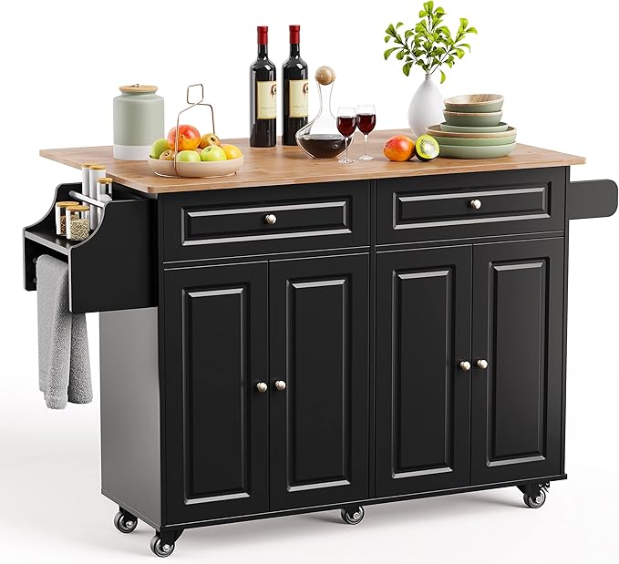 Kitchen Island Cart with Rubber Wood Top, Storage Cabinets & Drawers