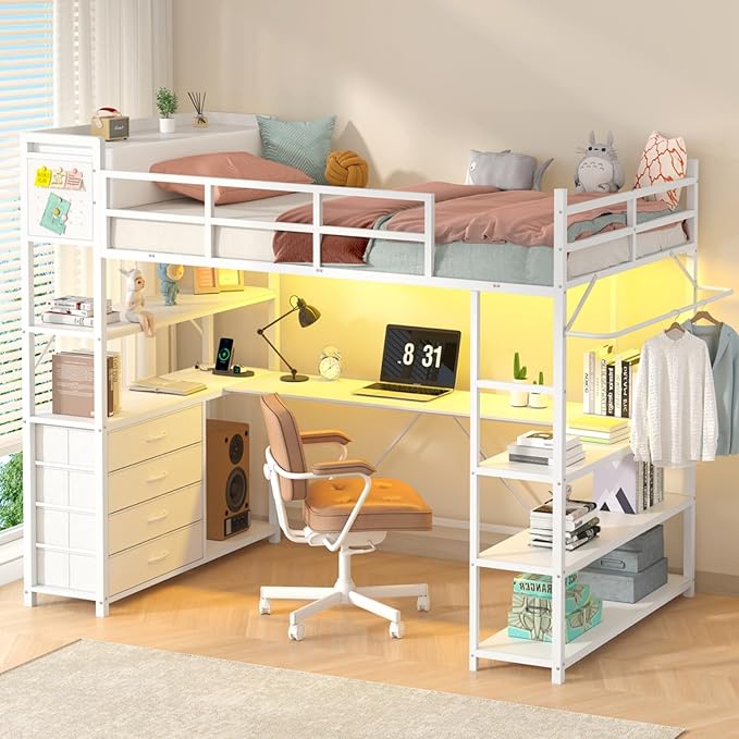 Twin Loft Bed with Storage, Desk & LED Lights