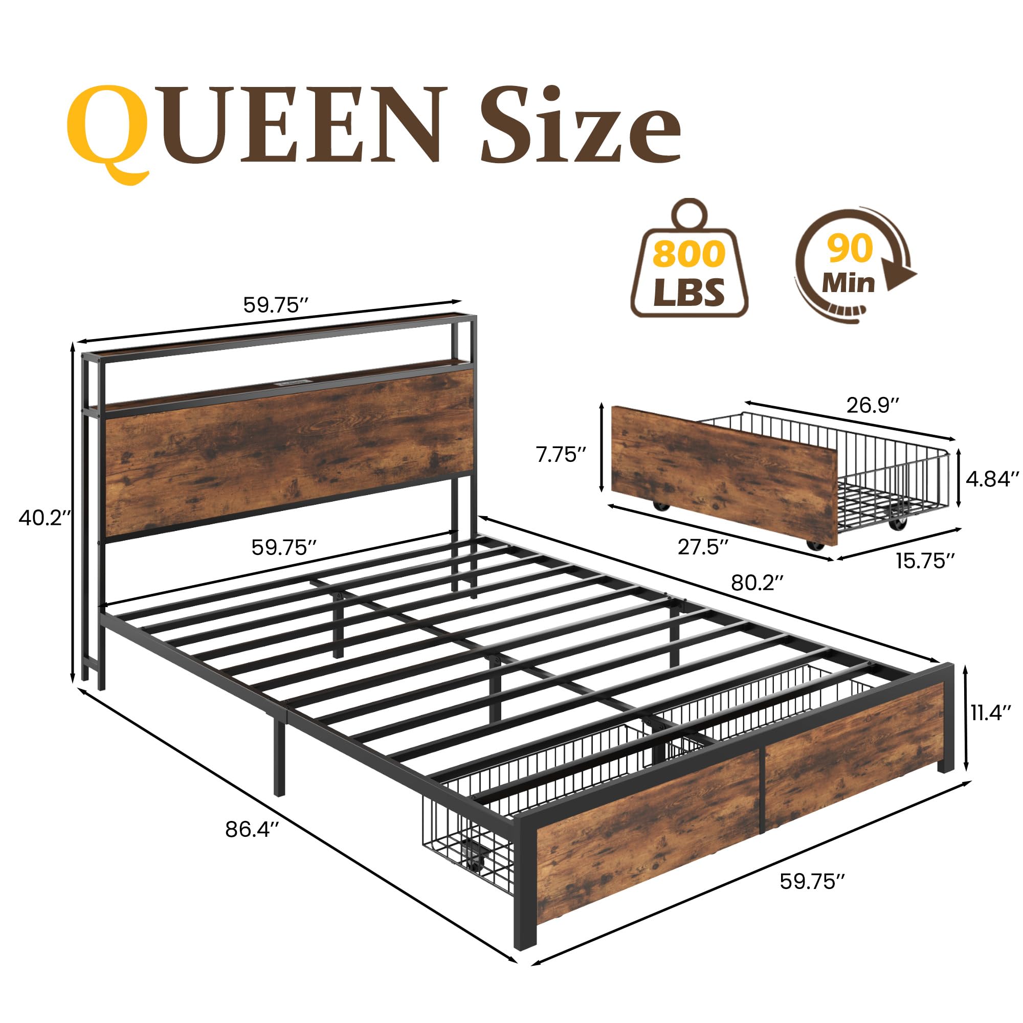 Lifezone Queen Bed Frame with 2-Tier Storage Headboard, Metal Bed Frame with Storage Drawers & Built-in Charging Station & LED, Noise-Free, No Box Spring Needed, Easy Assembly, Rustic Brown