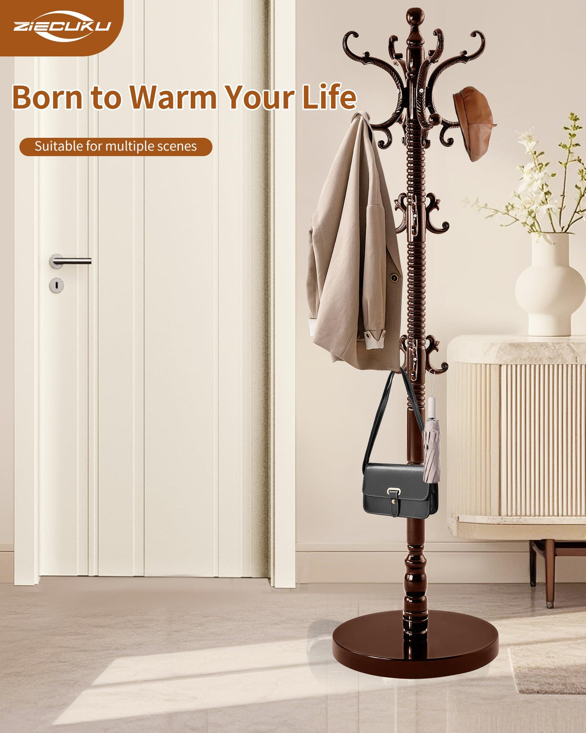 ZIECUKU Coat Rack Freestanding,Solid Wood Vintage Hall Tree with 14 Hooks