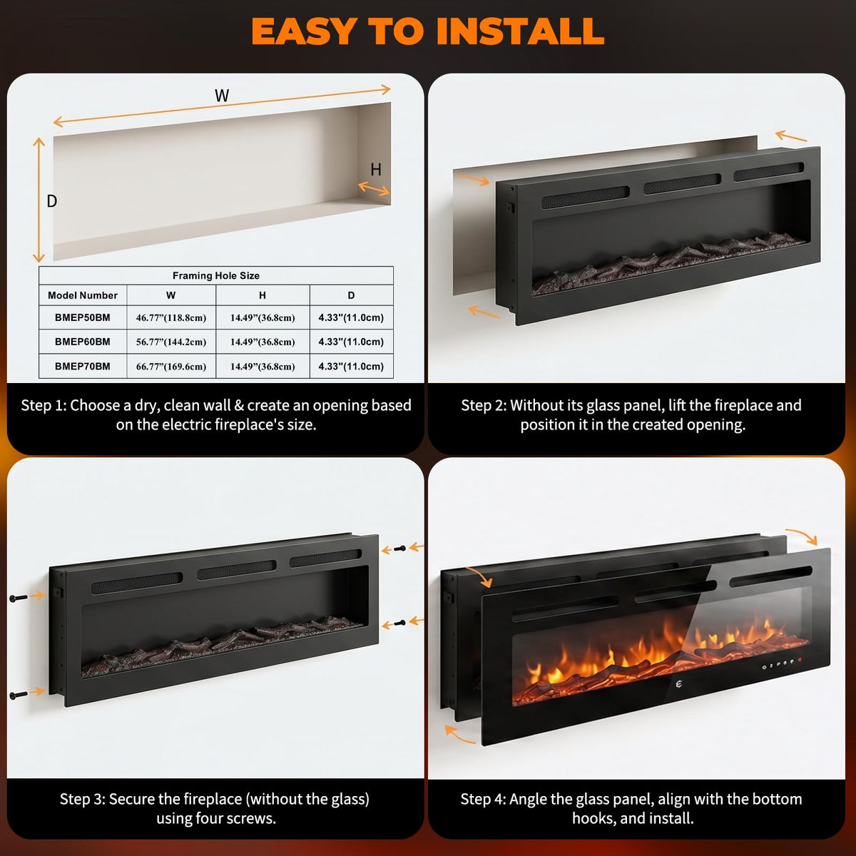 BINMIT 70 Inch Recessed and Wall Mounted Linear Electric Fireplace Insert