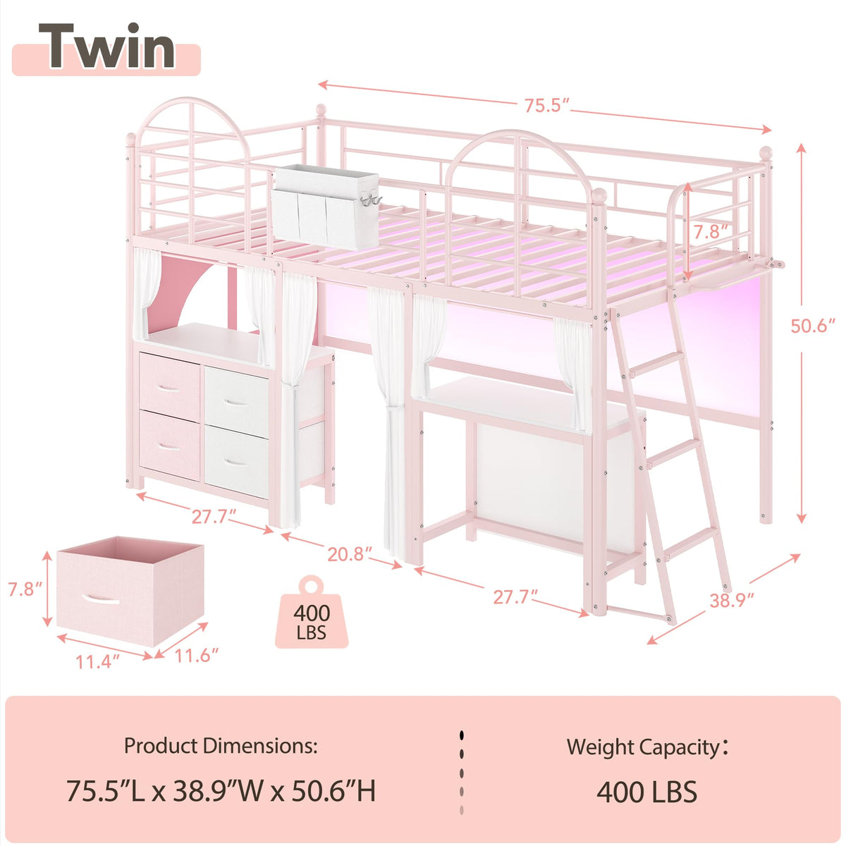 Twin Low Loft Bed with Desk & 4 Storage Drawers, Smart LED Lights, Pink