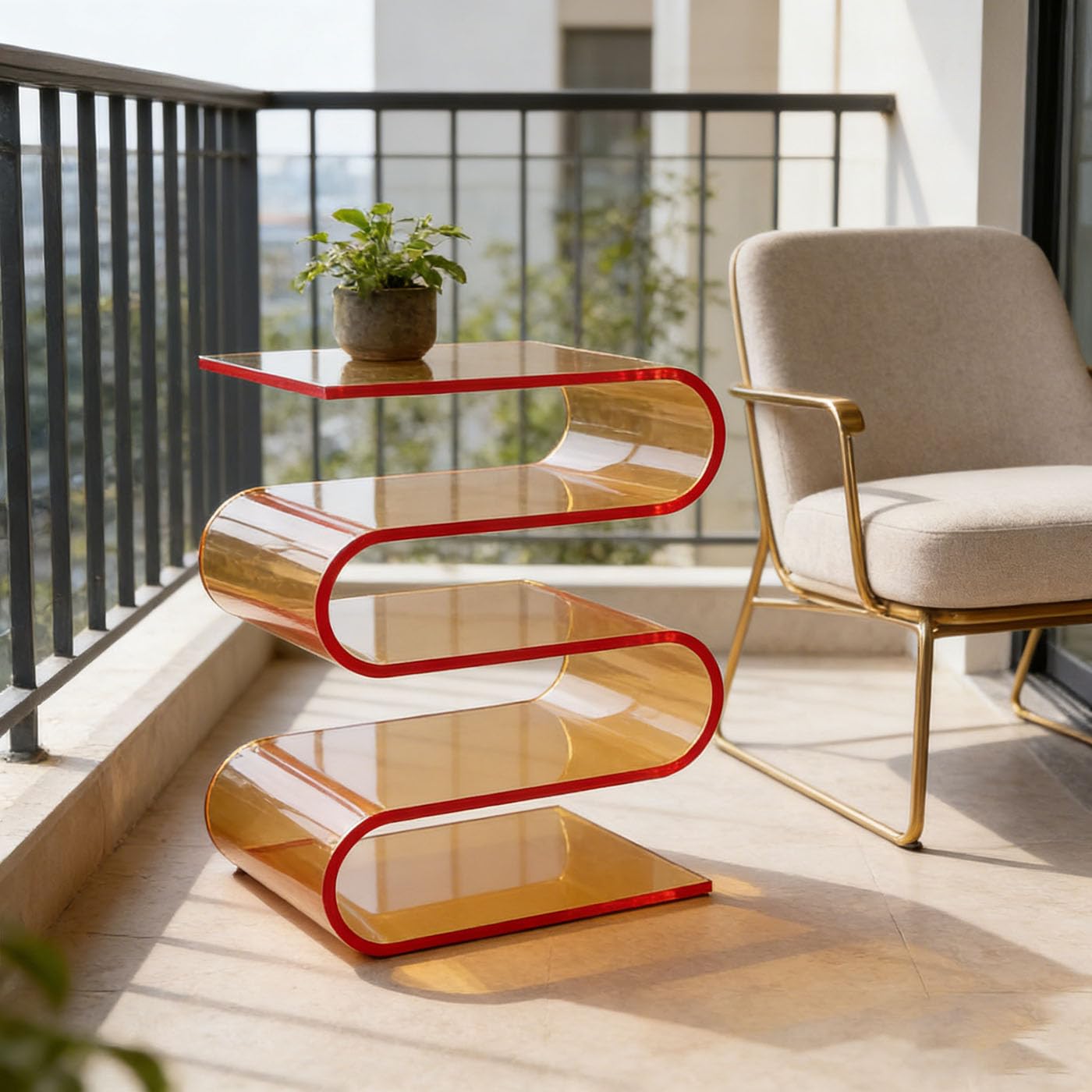 S-Shaped Acrylic Side Table with 3-Tier Magazine Holder