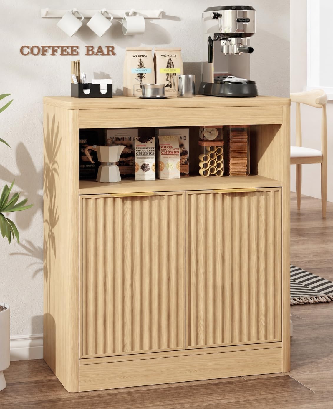 AURINEST Fluted Buffet Cabinet with Storage, Small Coffee Bar Cabinet with Doors & Adjustable Shelves, Wood Storage Cabinet for Kitchen, Living Room, Entryway, Oak