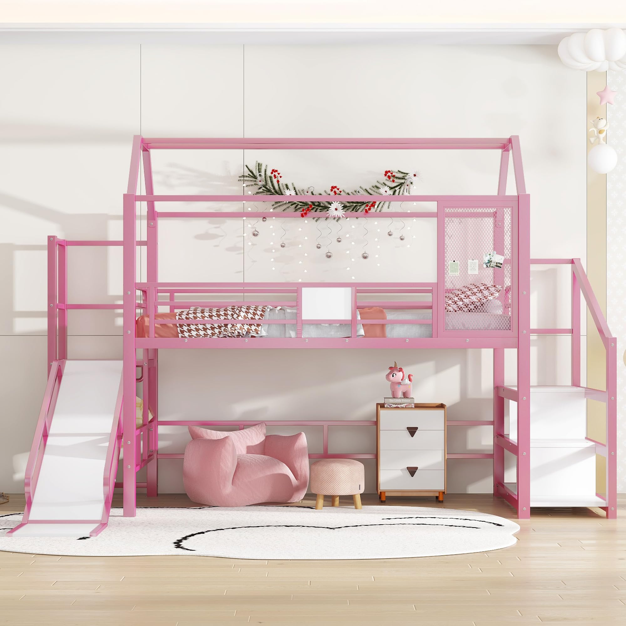 Twin Size Loft Bed with Slide & Storage Stairs