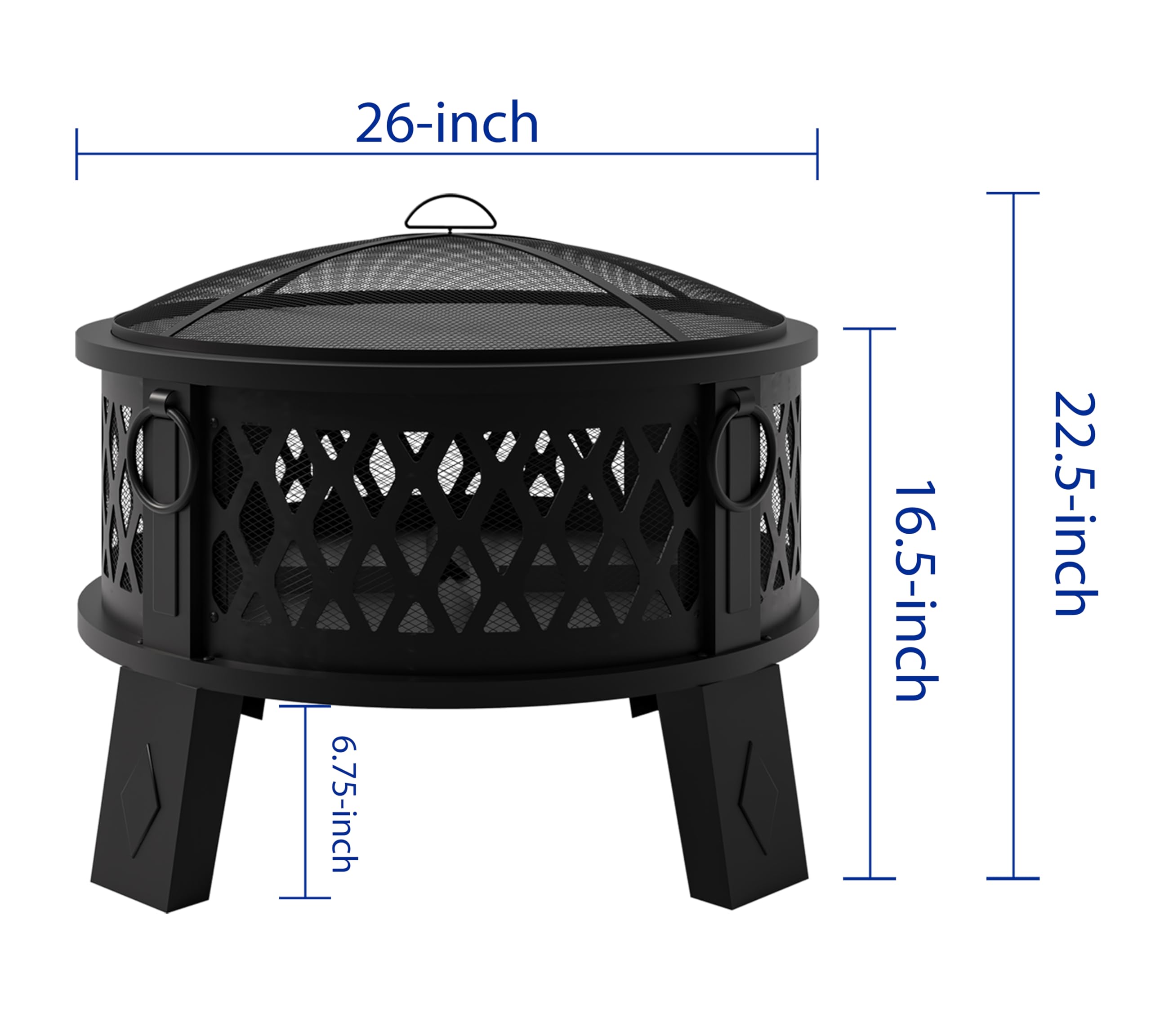26" Round Steel Fire Pit with Grill & Diamond Mesh