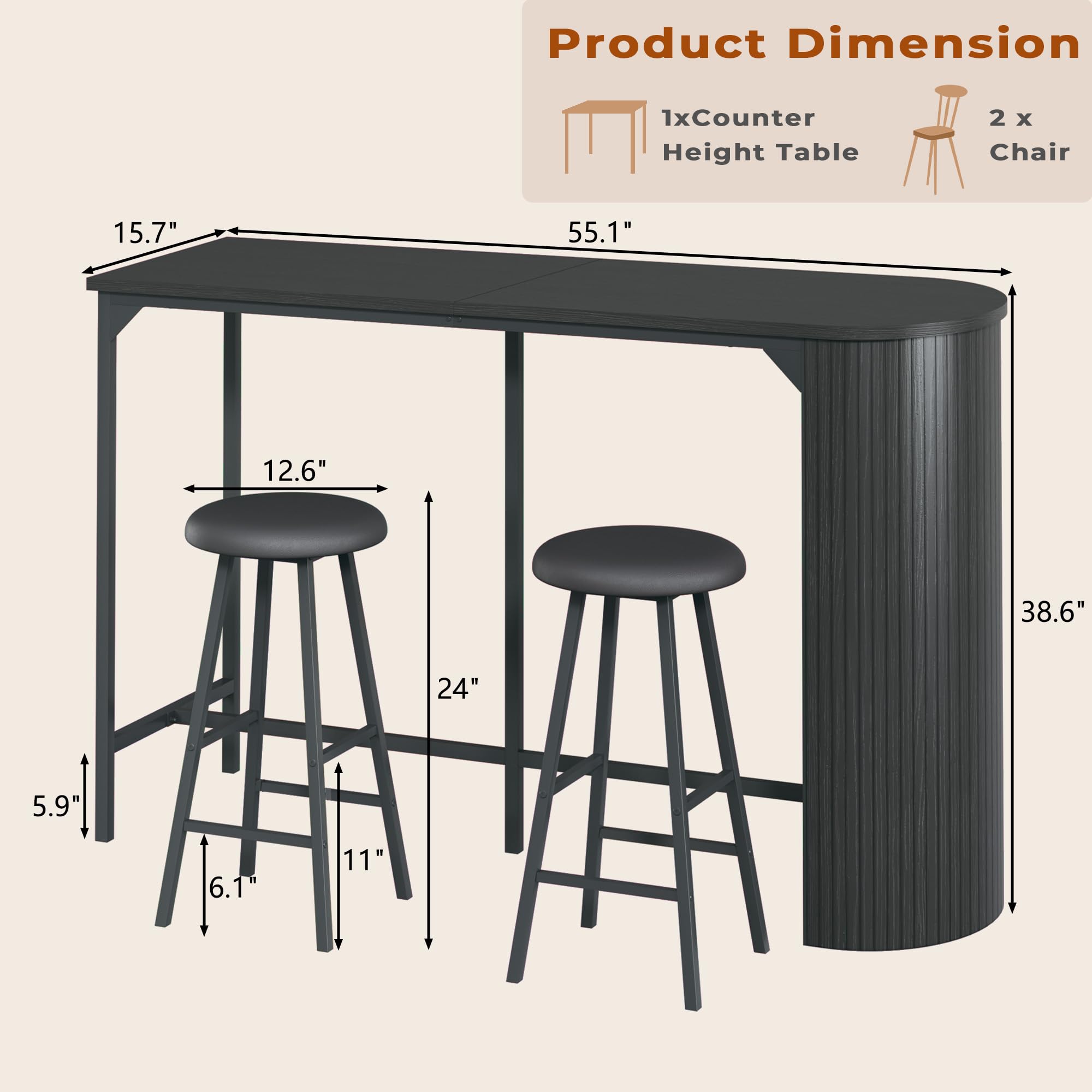 3-Piece Counter Height Bar Table Set with 2 Stools