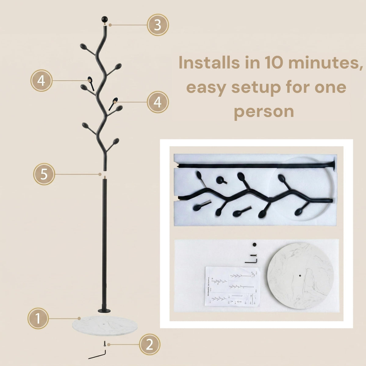 9-Hook Coat Rack with Marble Base