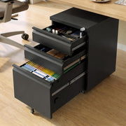 TEEALUBAN 3 Drawer File Cabinet with Lock, Black Metal, Under Desk