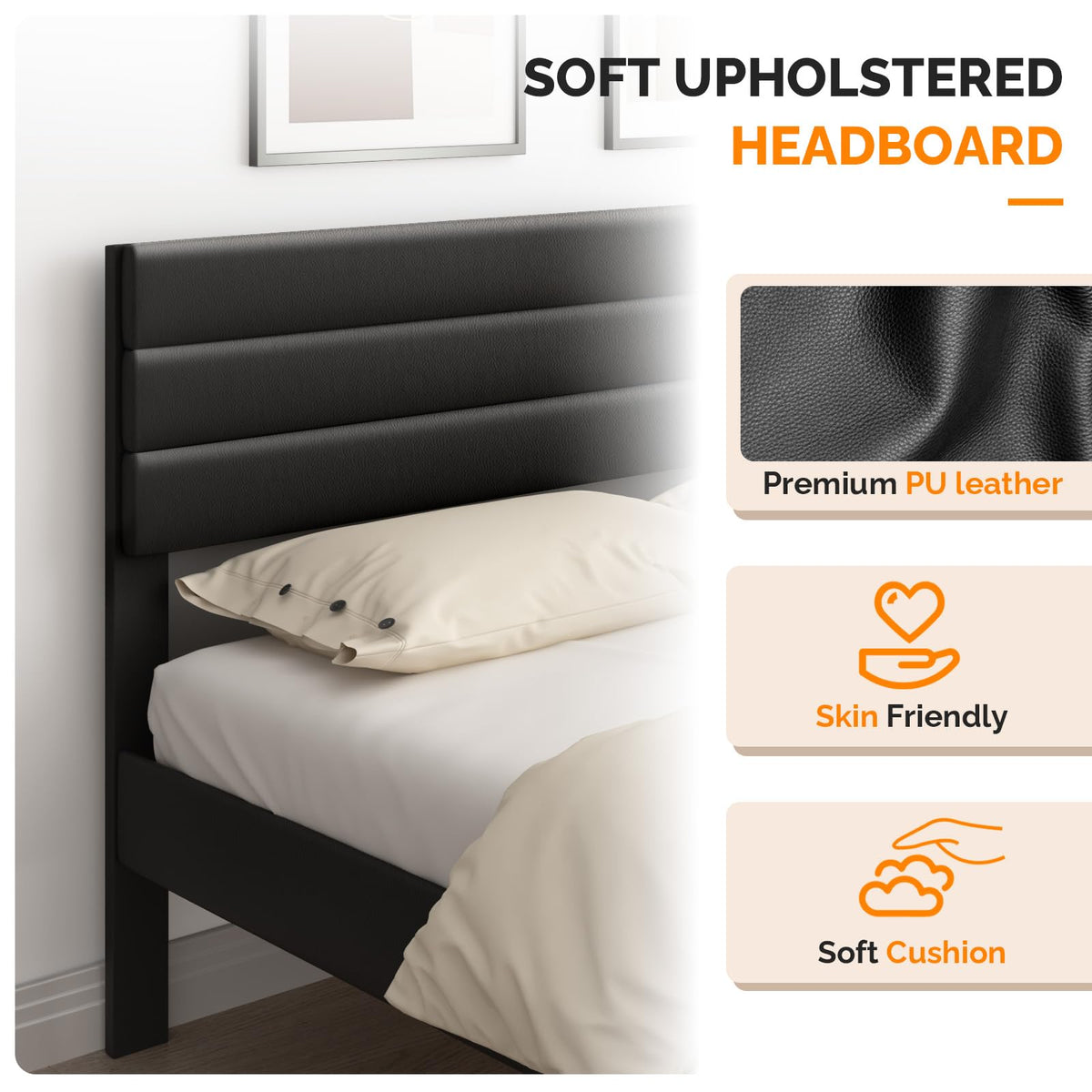 VINGLI Upholstered Bed Frame Queen, Faux Leather Platform Bed with Adjustable Headboard, Wood Mattress Foundation with Heavy Duty Slats Support,Luxury Modern,No Box Spring Needed, Black