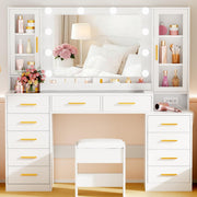 Large Vanity Desk with Mirror, Lights & 11 Drawers