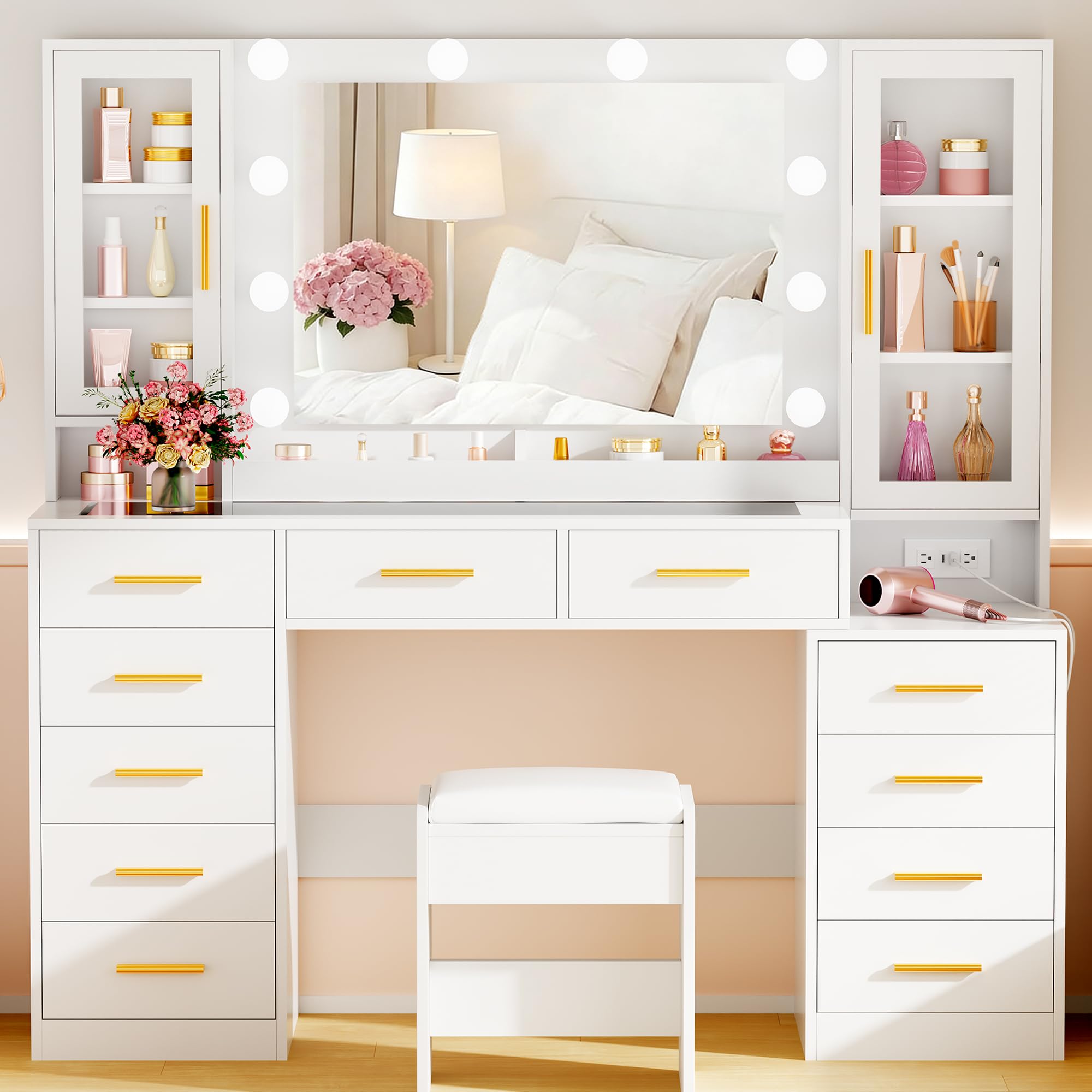 YUNSCEND 53.15" Large Vanity Desk with Mirror and Lights,White Makeup Vanity with Glass Top Power Outlet Vanity Table with 11 Drawers 6 Shelves Dressing Table Stool Set for Bedroom Women UXFST008W