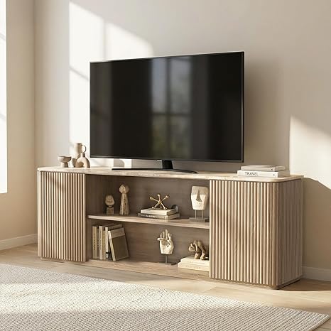 70" TV Stand with Fluted Wood & Faux Marble Top