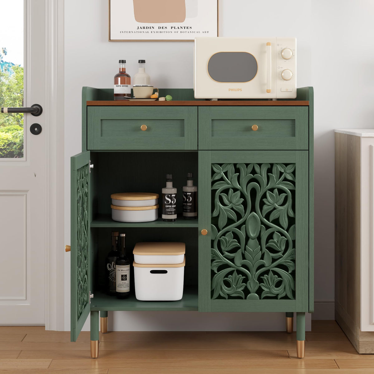 Carved Wood Sideboard with Drawer