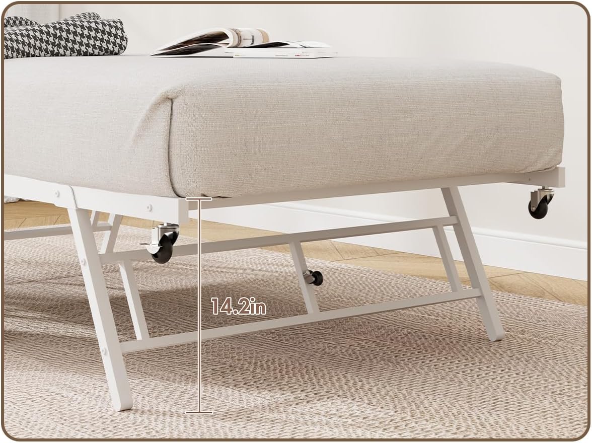 Garvee Twin Daybed with Trundle, Day Bed with Industrial Wood Grain Headboard, Steel Slats Support & Lockable Casters, Space-Saving & Multifunctional, Easy Assembly for Living Room, Bedroom, White
