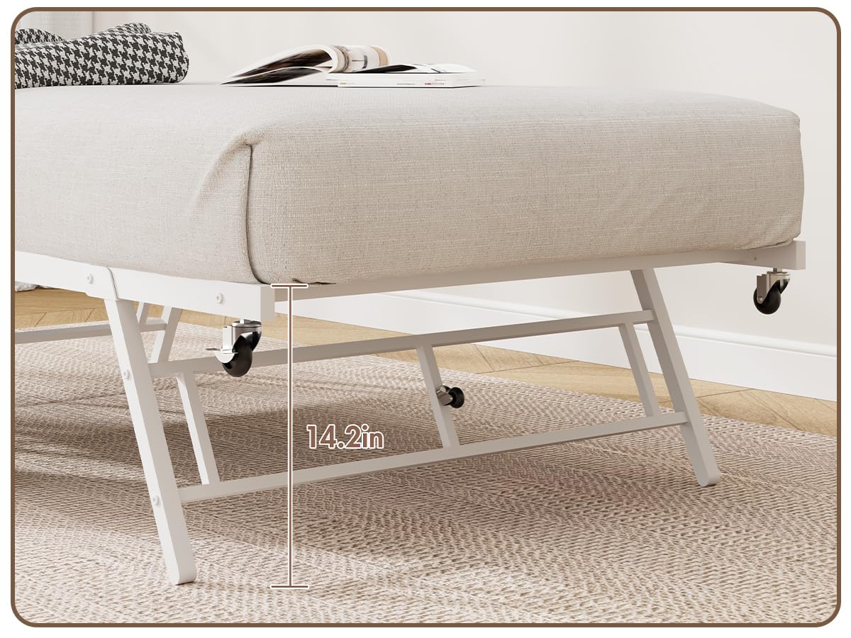 Garvee Twin Daybed with Trundle, Day Bed with Industrial Wood Grain Headboard, Steel Slats Support & Lockable Casters, Space-Saving & Multifunctional, Easy Assembly for Living Room, Bedroom, White