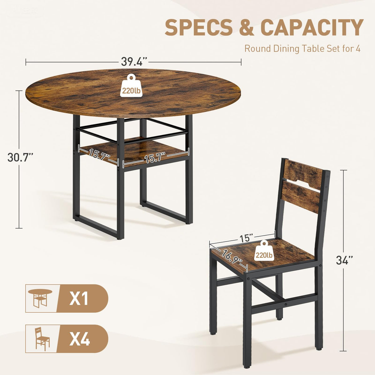 RALGEND Round Dining Table Set for 4, 5-Piece Kitchen Table and Chairs with Storage Shelf, Circle Dinner Table Set with Wooden Tabletop & Metal Legs, for Kitchen & Dining Room, Rustic Brown and Black