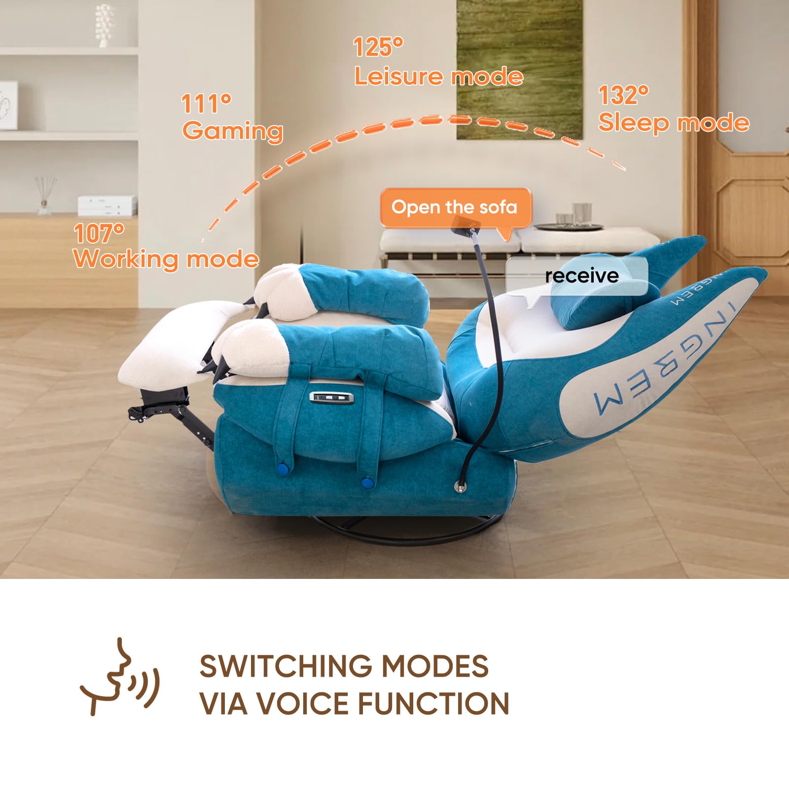 INGREM Smart Recliner with Adjustable Settings, Voice-Activated Home Theater Gaming Seat Rocker, Electric Lounge Chair Featuring USB Port ，Phone Holder and Cat Claw Armrest