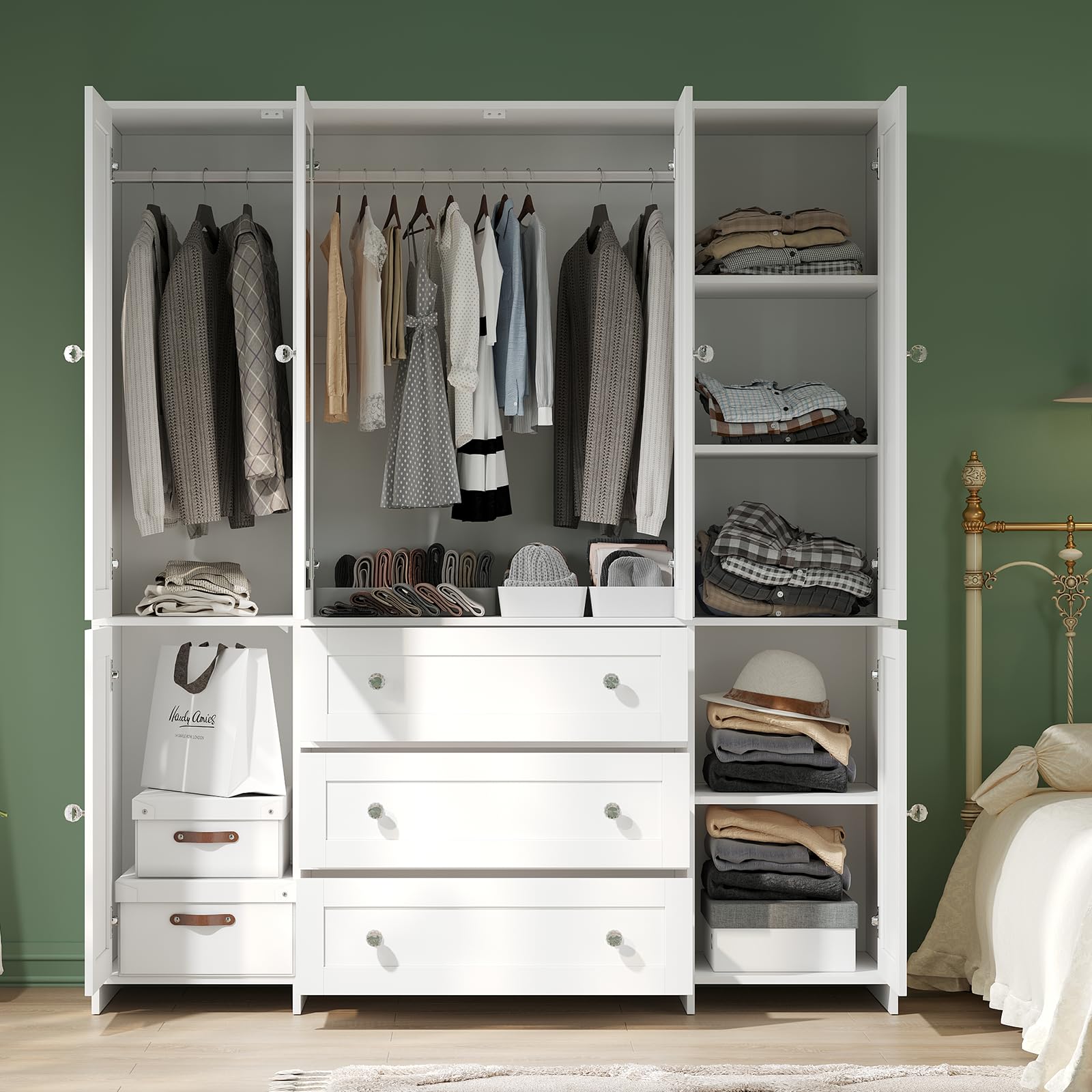 VOWNER Armoire Wardrobe Closet with Drawers and Mirror, 71" Clothing Storage Cabinet with Hanging Rod, 6 Doors Wooden Wardrobe Cabinet for Bedroom, Large Capacity Storage