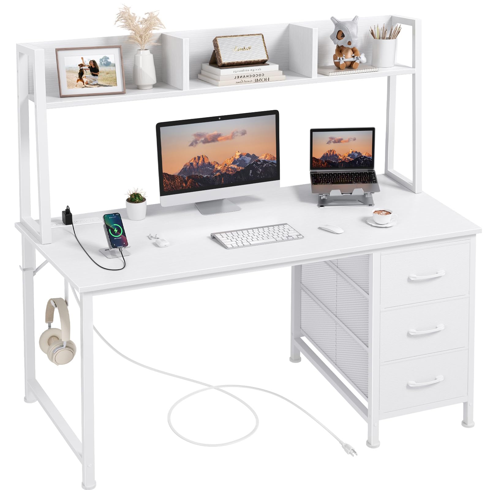 47" Computer Desk with Hutch, 3 Fabric Drawers & Power Outlets