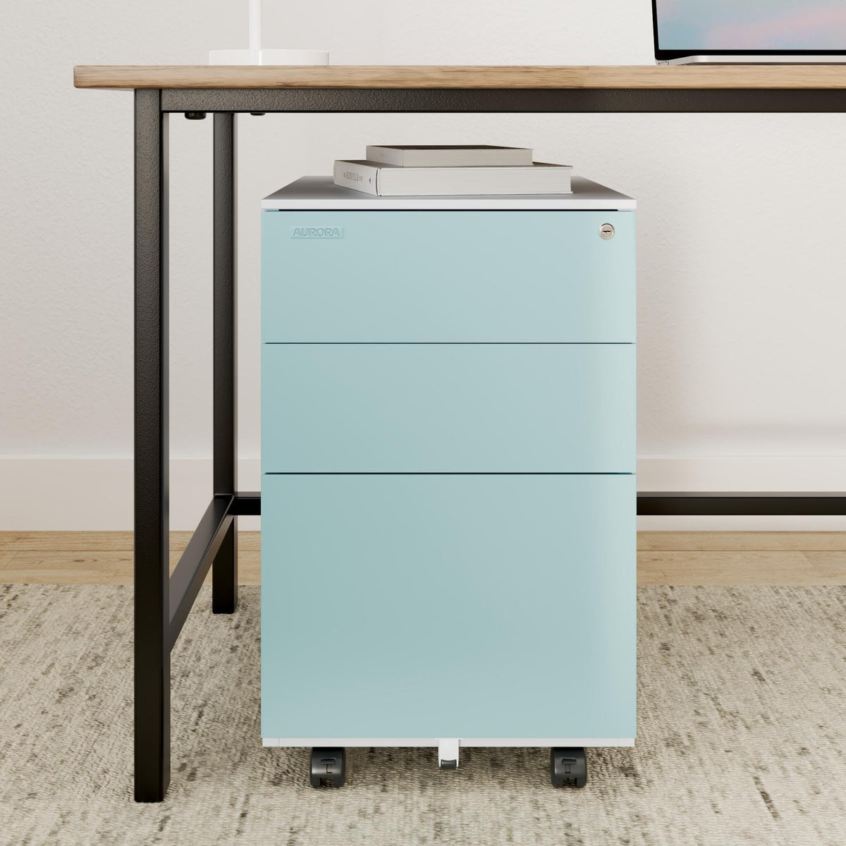 Aurora Mobile File Cabinet 3-Drawer Metal with Lock Key Sliding Drawer, White/Aqua Blue, Fully Assembled, Ready to Use