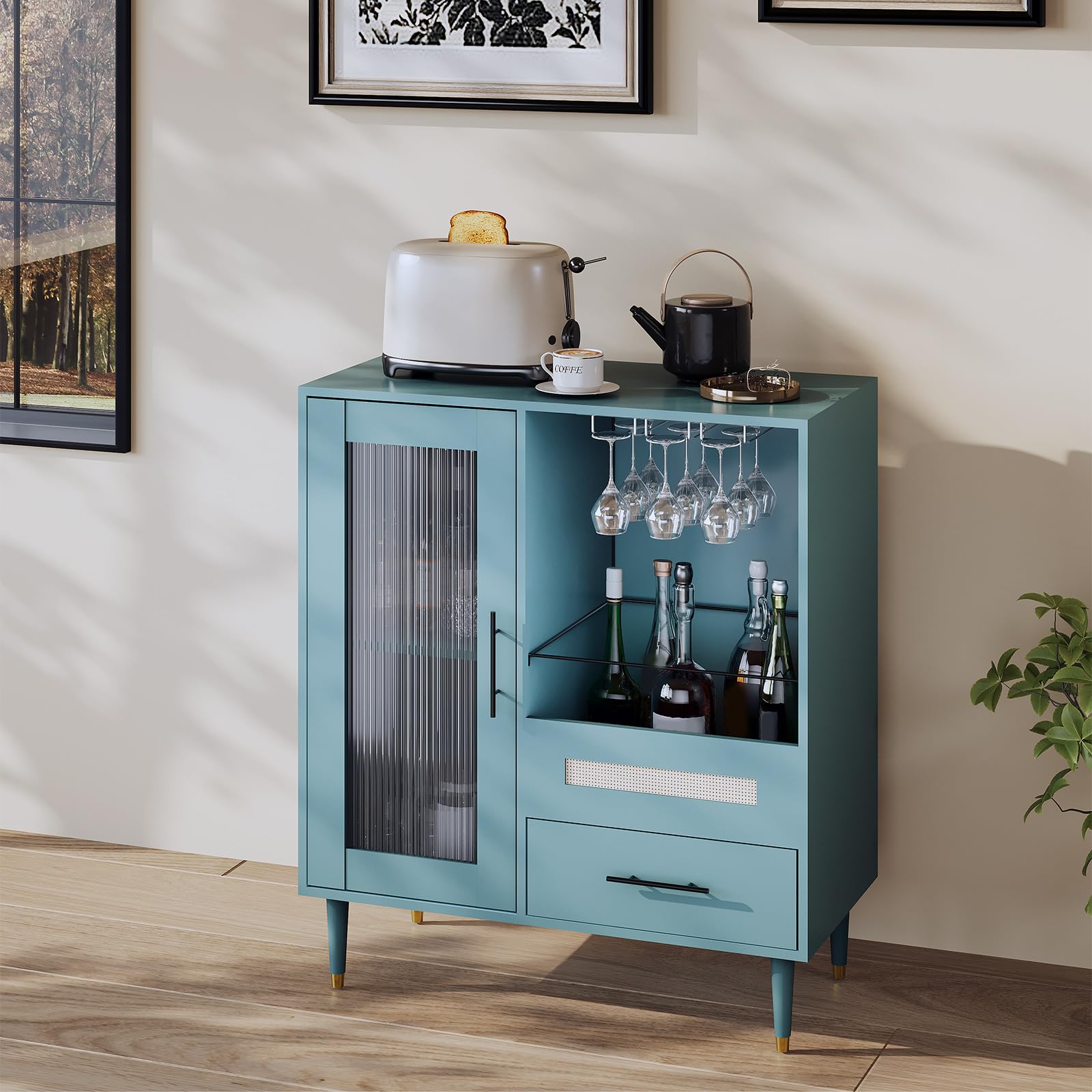 Freestanding Wine Bar Cabinet & Coffee Bar with Wine Rack, Modern Liquor Cabinet with Storage Sideboard Buffet with Tempered Glass Door & Drawers & Glass Holder for Home Dining Room, Living Room