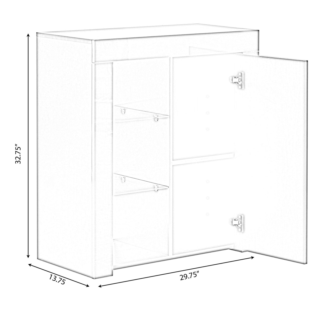 Basicwise Sideboard Buffet with 5 Storage Shelves - White, LED Light with USB Plug in, High Gloss Doors, 29.5" W x 13.75" D x 32.75" H - Modern, for Dining Room, Office, Organizer Cabinet