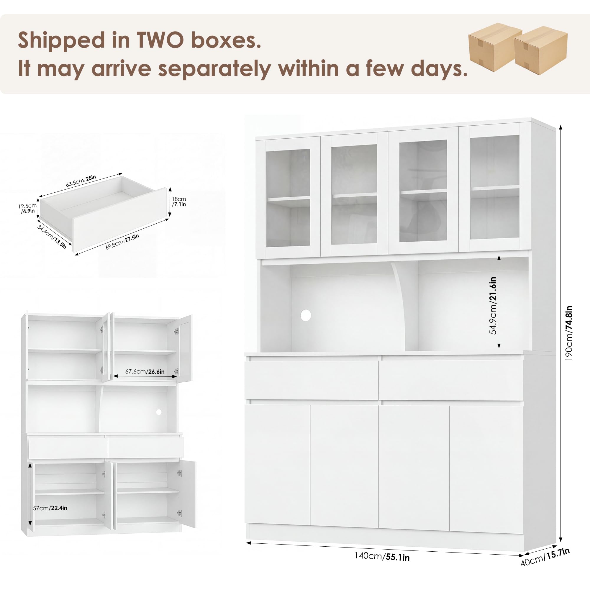 Kitchen Pantry Storage Cabinet with Glass Doors