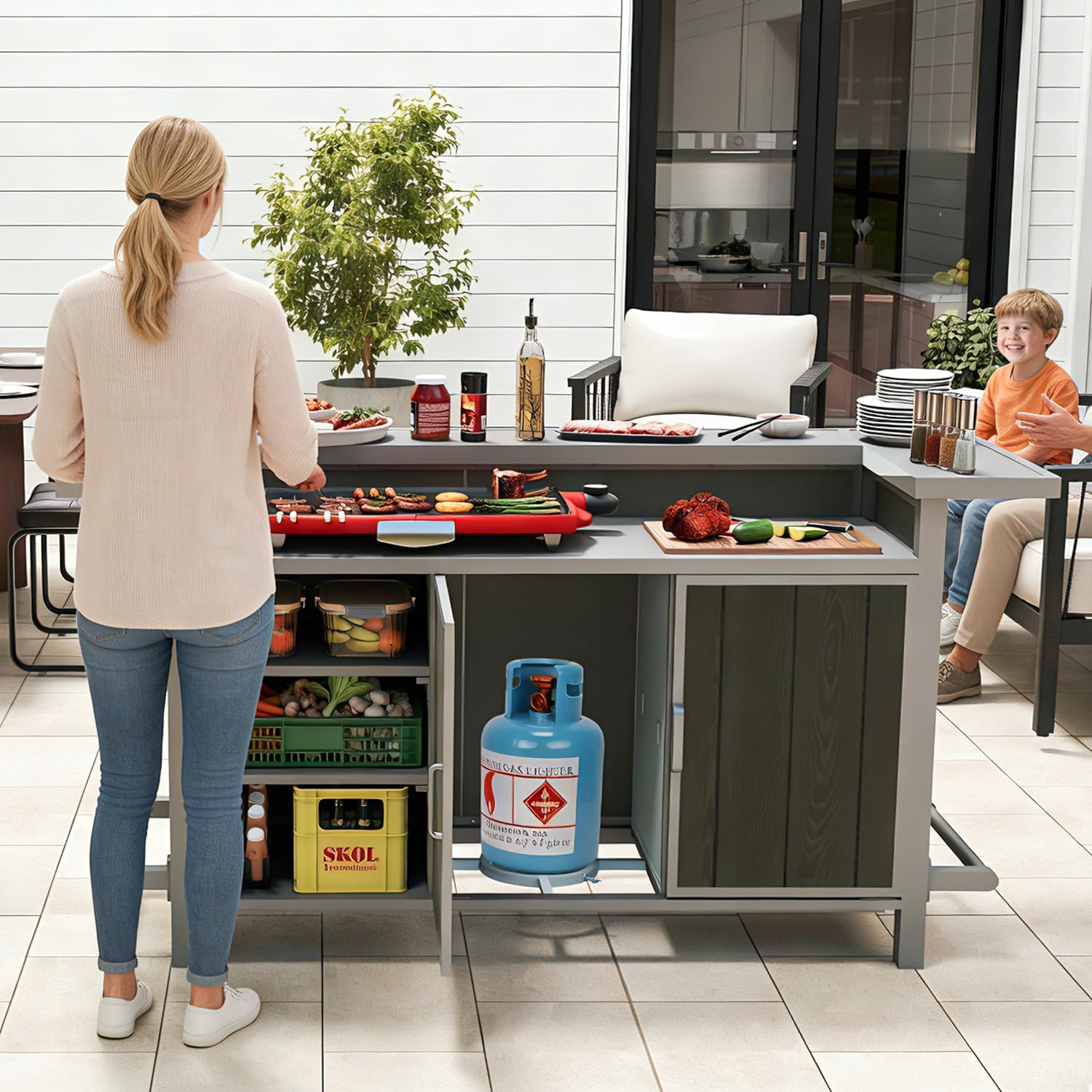 Domi Outdoor Bar Table, Home Bar Unit with Aluminum Frame, Patio Bar Table with Storage Cabinet & Footrest, Liquor Cabinet Bar for Patio Backyard Home Kitchen, Gray, 75.98" x 28.94"